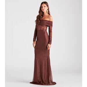 New Windsor Mandy Glitter Mesh Mermaid Dress Brown Off Shoulder Formal Medium